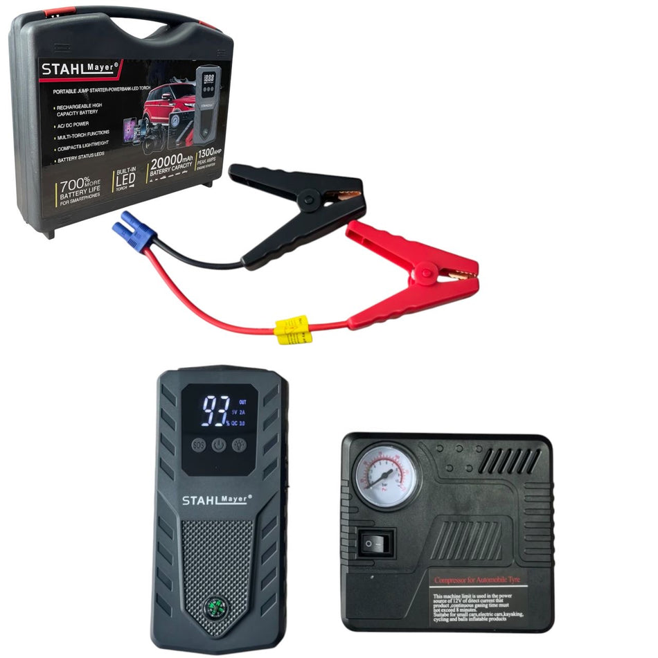 КОМПЛЕКТ МУЛТИФУНКЦИОНАЛЕН АВТОМОБИЛЕН СТАРТЕР И КОМПРЕСОР – JUMP STARTER 20000mAh STAHLMAYER