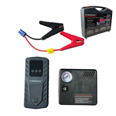 КОМПЛЕКТ МУЛТИФУНКЦИОНАЛЕН АВТОМОБИЛЕН СТАРТЕР И КОМПРЕСОР – JUMP STARTER 20000mAh STAHLMAYER