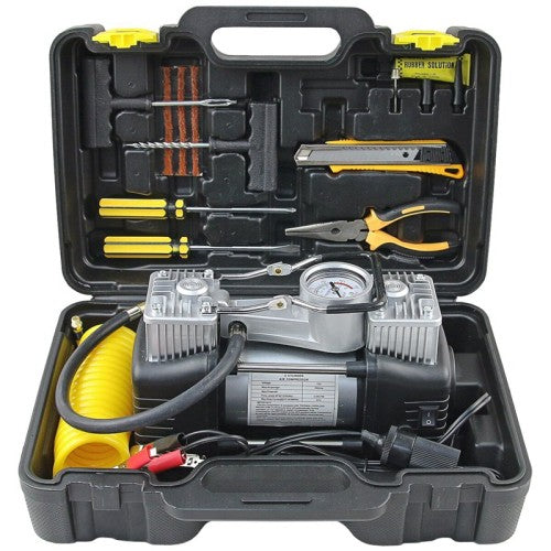 КОМПРЕСОР ЗА ГУМИ С LED ФЕНЕР МАРКУЧ ЗА ВЪЗДУХ И КОМЛЕКТ ИНСТРУМЕНТИ STAHLMAYER
