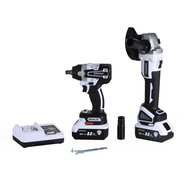 КОМПЛЕКТ ОТ АКУМУЛАТОРЕН ЪГЛОШЛАЙФ И КОМБИНИРАН ГАЙКОВЕРТ 36V 8AH STAHLMAYER PRO